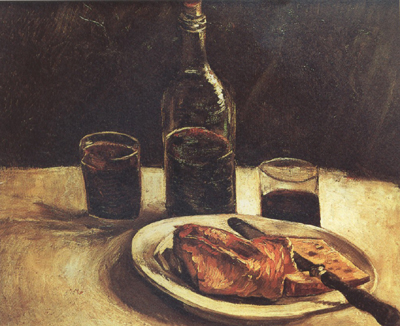 Still life with a Bottle,Two Glasses Cheese and Bread (nn04)